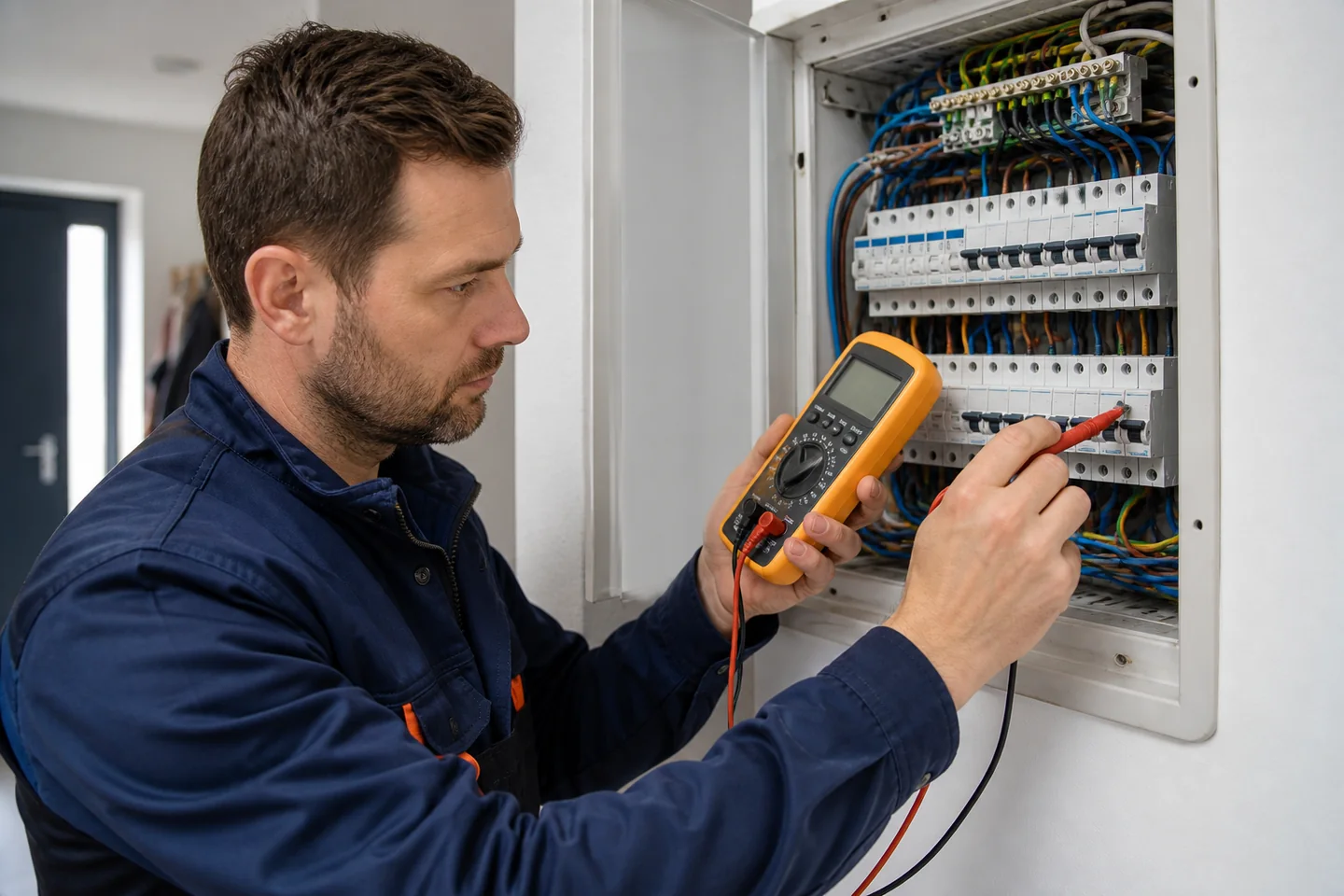 Elektriker misst mit dem Multimeter am Verteiler